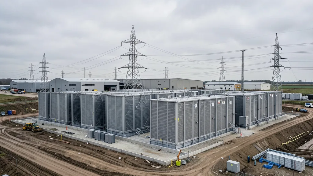 Imagem gerada por IA: Data center em construção no Reino Unido, com linhas de transmissão ao fundo.