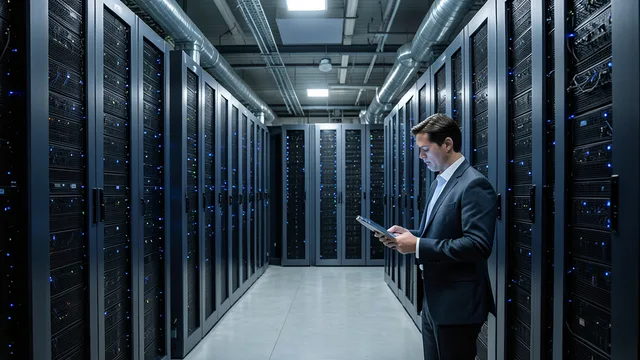 Imagem gerada por IA: Analista observa fileiras de servidores em um centro de dados.