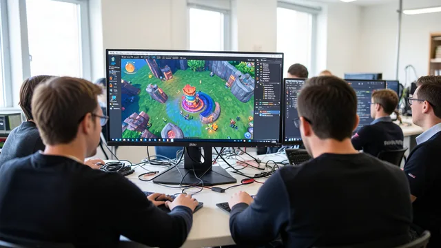 Imagem gerada por IA: Equipe de desenvolvimento testa um jogo em telas de um laboratório de tecnologia.