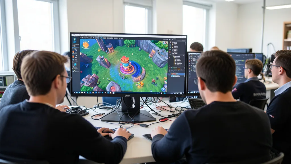 Imagem gerada por IA: Equipe de desenvolvimento testa um jogo em telas de um laboratório de tecnologia.