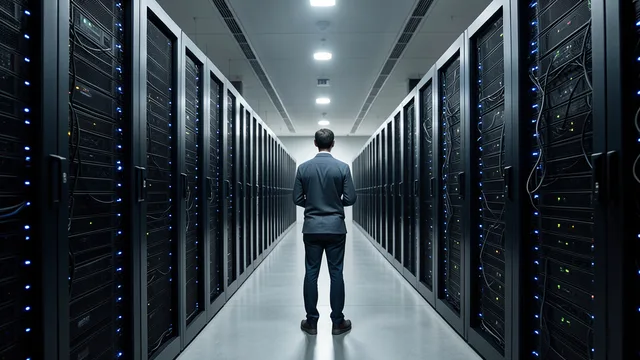 Imagem gerada por IA: Corredor de um data center com fileiras de servidores iluminados.