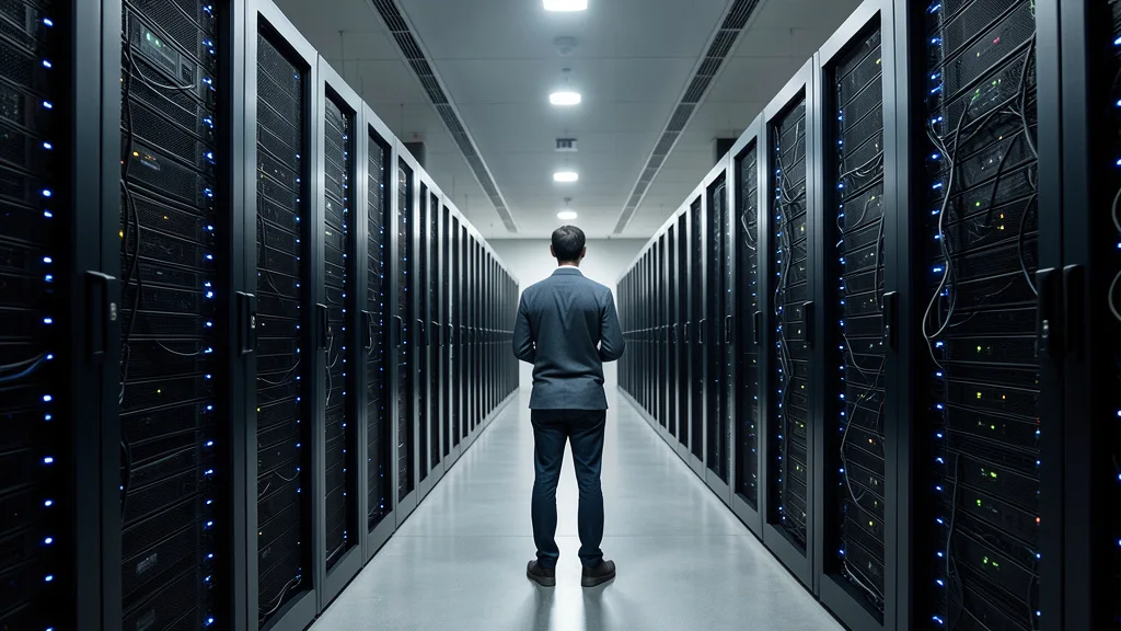 Imagem gerada por IA: Corredor de um data center com fileiras de servidores iluminados.