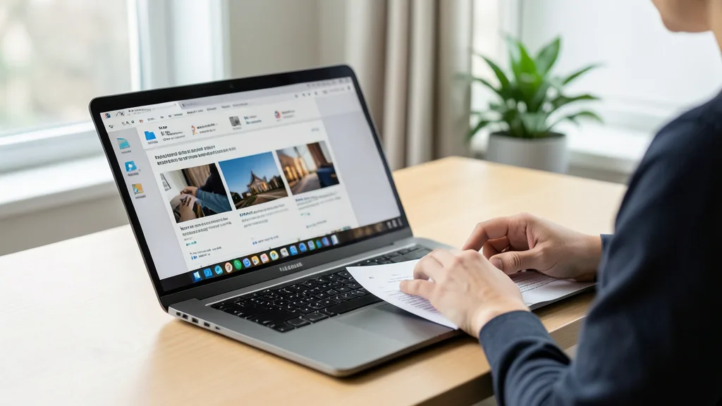 Imagem gerada por IA: Pessoa seleciona arquivos em um laptop com uma interface de coleções digitais.