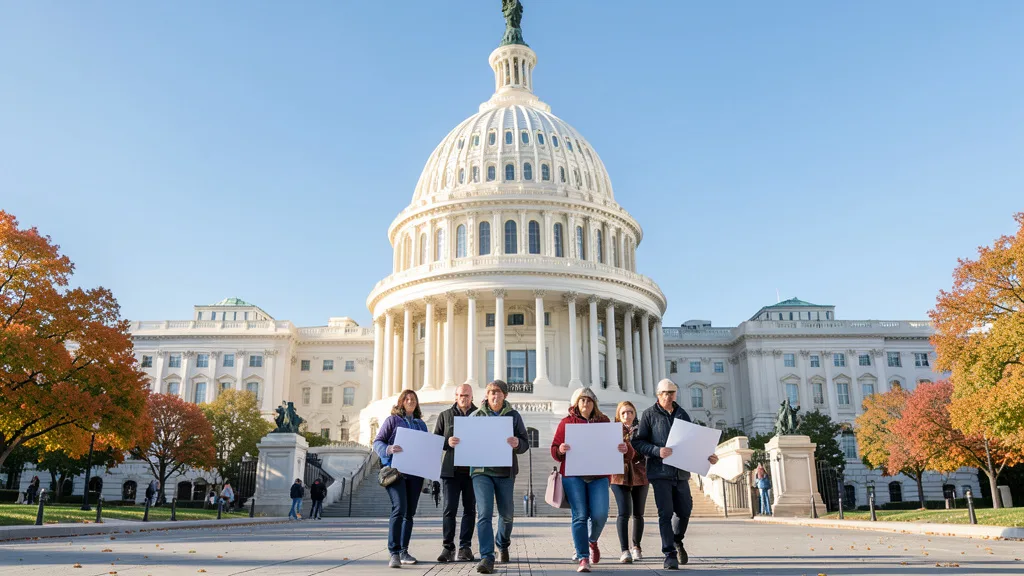 Imagem gerada por IA: Capitólio dos Estados Unidos ao fundo e voluntários genéricos de campanha em primeiro plano.