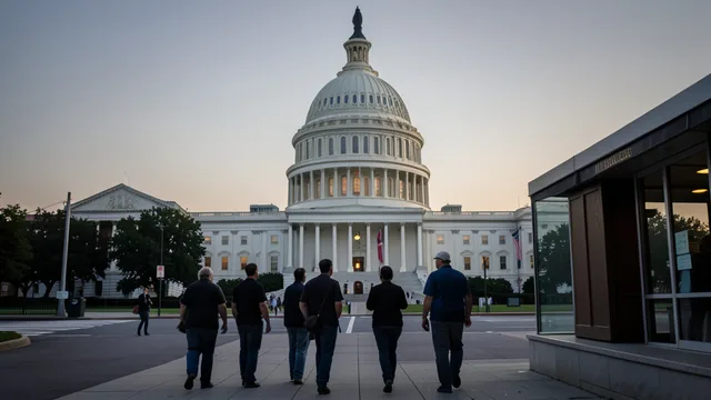 Imagem gerada por IA: Eleitores caminham em direção ao Capitólio dos Estados Unidos ao entardecer.
