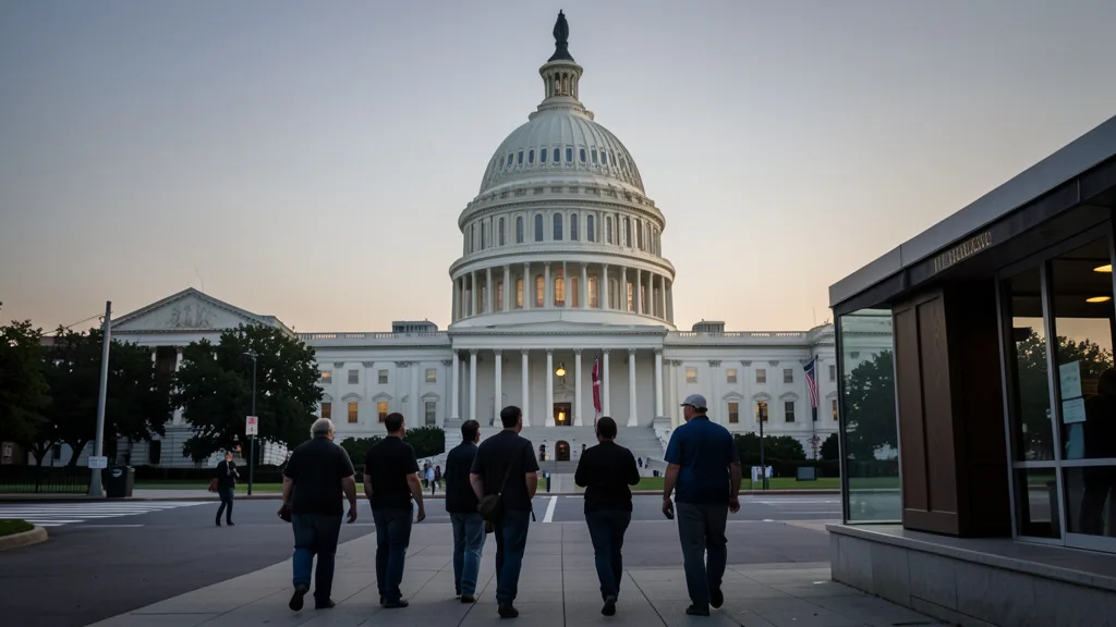 Imagem gerada por IA: Eleitores caminham em direção ao Capitólio dos Estados Unidos ao entardecer.