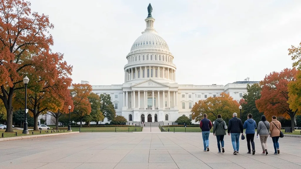 Imagem gerada por IA: Capitólio dos Estados Unidos visto de uma praça, com eleitores ao fundo.