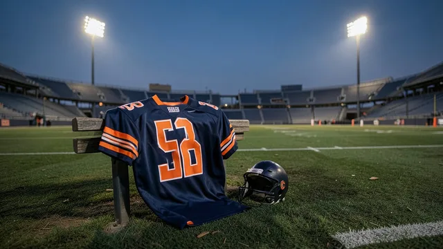 Imagem gerada por IA: Camisa e capacete de futebol americano em um banco diante de um campo iluminado.