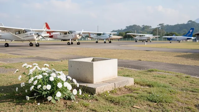 Imagem gerada por IA: Flores em um espaço de homenagem próximo a aviões.