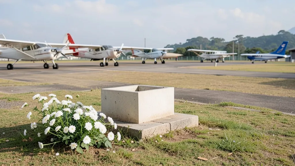 Imagem gerada por IA: Flores em um espaço de homenagem próximo a aviões.