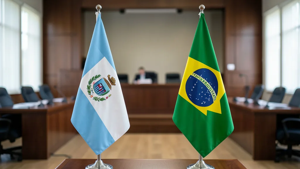 Imagem gerada por IA: Bandeiras da Argentina e do Brasil em uma sala formal com púlpitos ao fundo.
