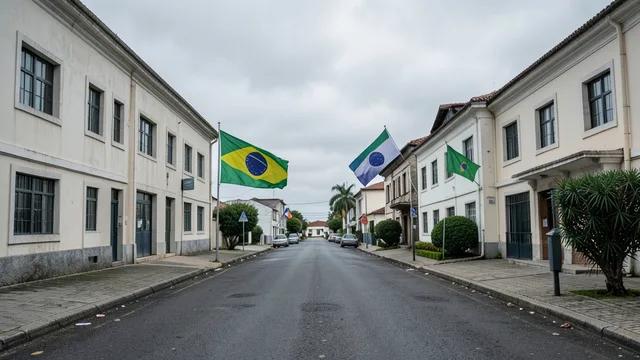 Imagem gerada por IA: Bandeiras do Brasil e da Argentina diante de edifícios diplomáticos.