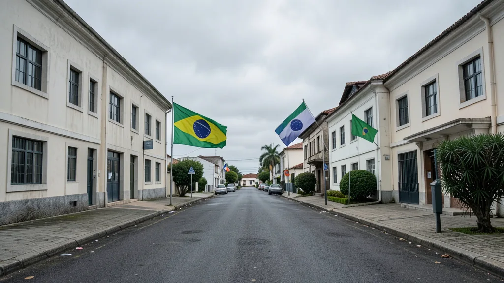 Imagem gerada por IA: Bandeiras do Brasil e da Argentina diante de edifícios diplomáticos.