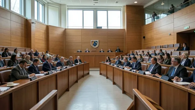 Imagem gerada por IA: Plenário do Parlamento de Israel, com assentos e parlamentares ao fundo.