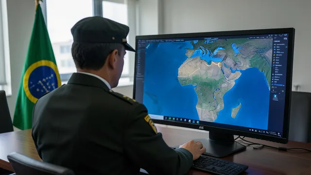 Imagem gerada por IA: Oficial militar brasileiro observa um mapa da América do Sul em uma sala de comando.