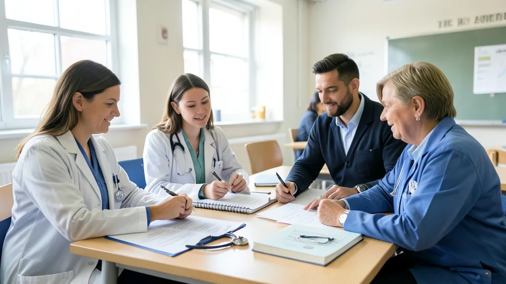 Imagem gerada por IA: Graduados de Medicina estudam com a orientação de um professor em uma sala de aula.