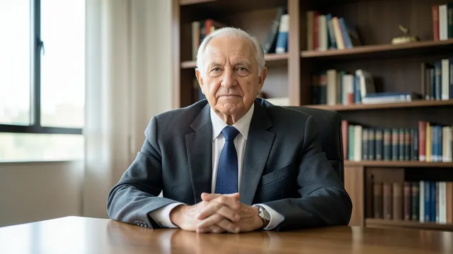 Imagem gerada por IA: Retrato sóbrio de um empresário idoso em um escritório com livros ao fundo.