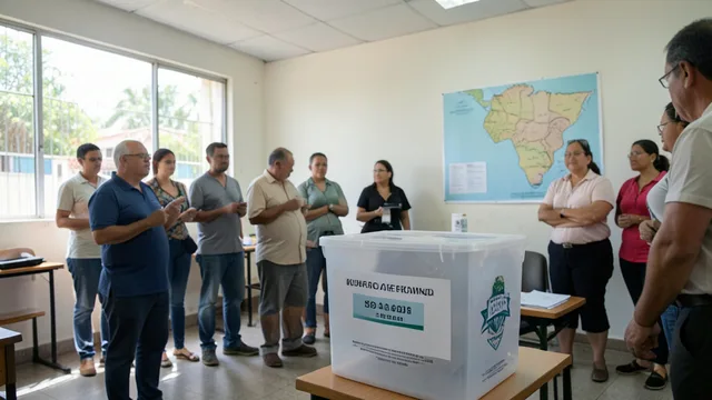 Imagem gerada por IA: Urna eleitoral em uma seção de votação, com eleitores ao fundo.