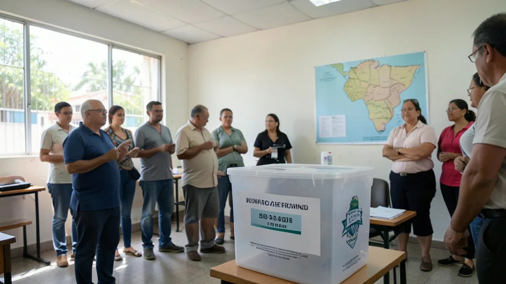 Imagem gerada por IA: Urna eleitoral em uma seção de votação, com eleitores ao fundo.