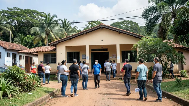 Eleitores caminham em direção a um local de votação em uma cidade brasileira.