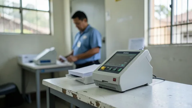 Urna eletrônica em uma seção eleitoral preparada para a votação em Minas Gerais.