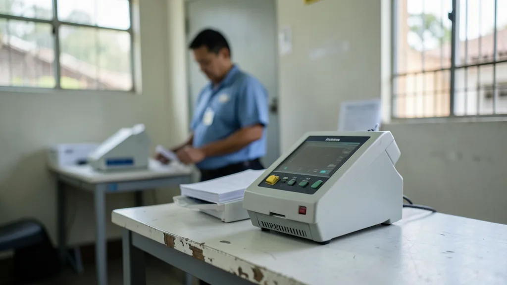 Urna eletrônica em uma seção eleitoral preparada para a votação em Minas Gerais.