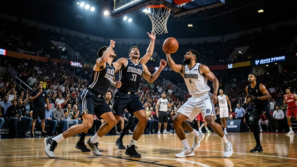 Imagem gerada por IA: Jogadores disputam a bola perto da cesta em uma partida de basquete em ginásio lotado.