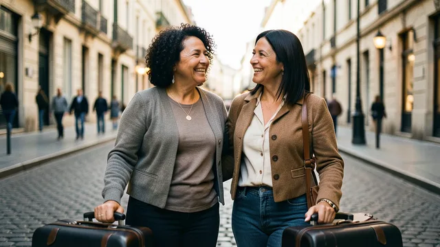 Imagem gerada por IA: Duas amigas brasileiras conversam durante uma viagem por uma rua europeia.