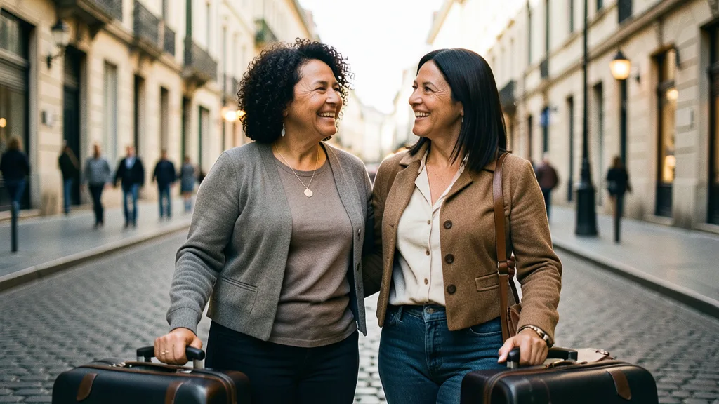 Imagem gerada por IA: Duas amigas brasileiras conversam durante uma viagem por uma rua europeia.