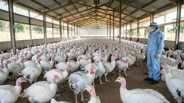 Imagem gerada por IA: Perus em uma granja comercial, com um profissional de biossegurança ao fundo.
