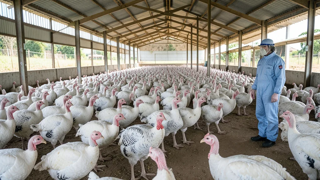 Imagem gerada por IA: Perus em uma granja comercial, com um profissional de biossegurança ao fundo.