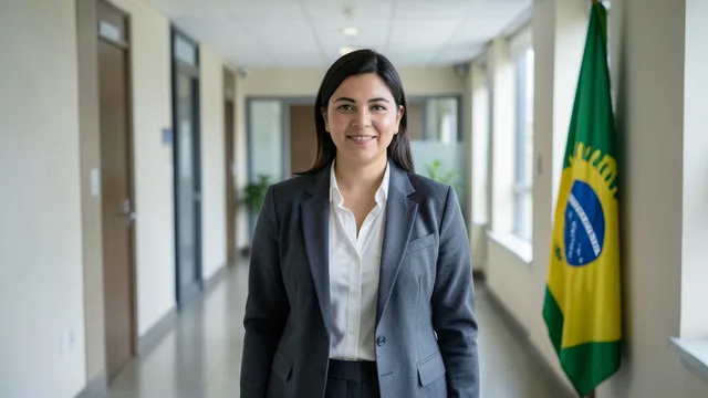 Imagem gerada por IA: Mulher em um corredor de prédio público, com uma bandeira do Brasil ao fundo.