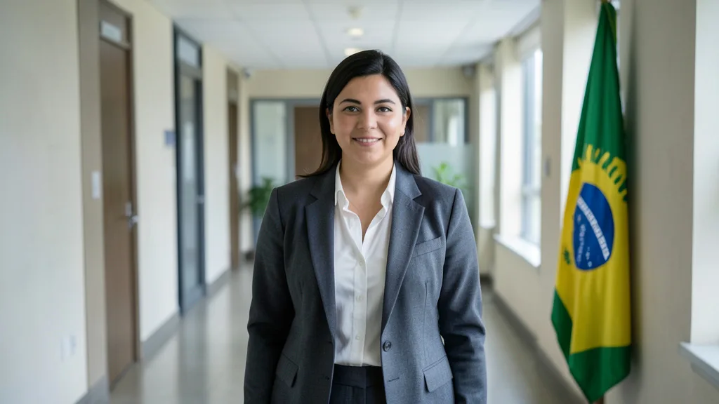 Imagem gerada por IA: Mulher em um corredor de prédio público, com uma bandeira do Brasil ao fundo.