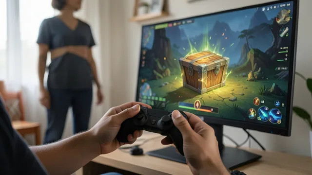 Imagem gerada por IA: Jovem joga diante de uma tela com uma caixa virtual de recompensa; um adulto aparece ao fundo.
