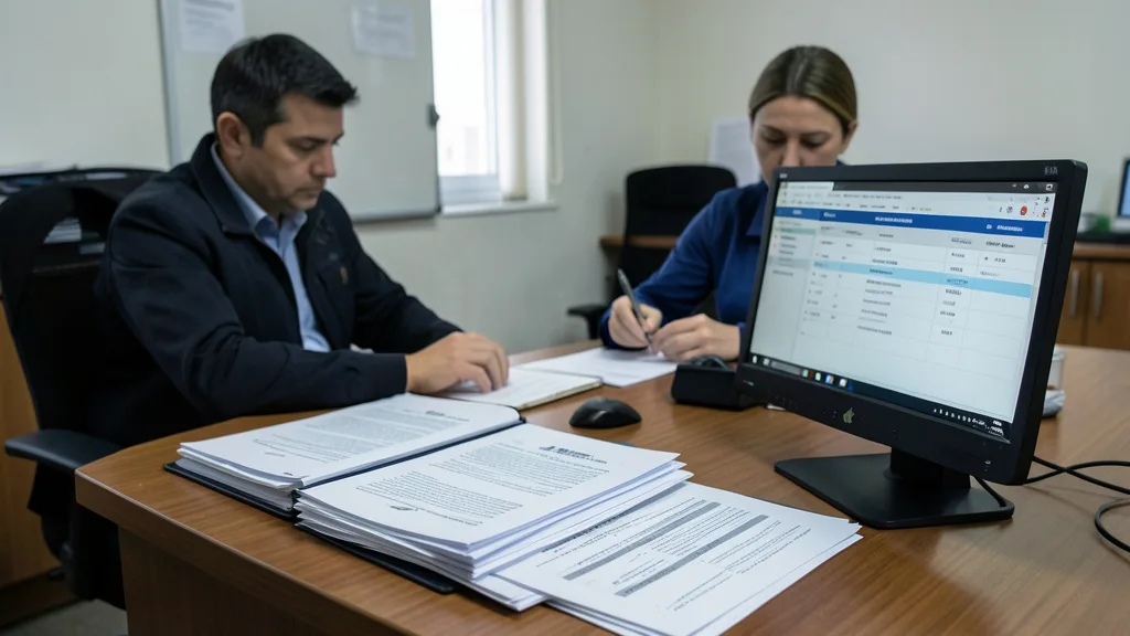 Imagem gerada por IA: Documentos de fiscalização trabalhista sobre uma mesa em um escritório público.