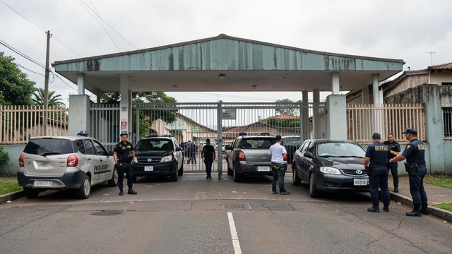 Imagem gerada por IA: Policiais fazem buscas nas proximidades de uma cadeia pública em Mogi das Cruzes.