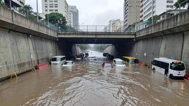 Imagem gerada por IA: Carros e ônibus parcialmente submersos na entrada de um túnel alagado em São Paulo.