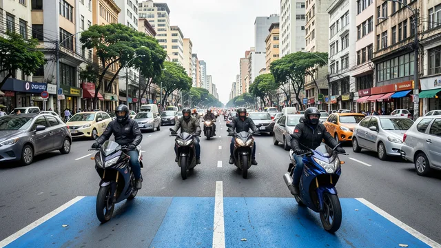 Imagem gerada por IA: Motociclistas circulam por uma avenida movimentada de São Paulo, junto à sinalização azul da Faixa Azul.