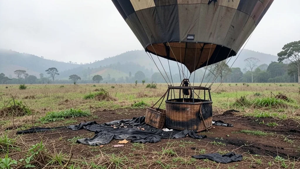 Imagem gerada por IA: Cesto de balão chamuscado em uma área rural, com morros ao fundo.