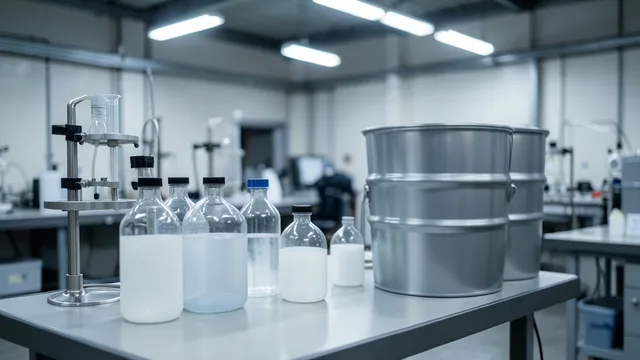 Imagem gerada por IA: Recipientes de produtos químicos e equipamentos em um ambiente industrial.