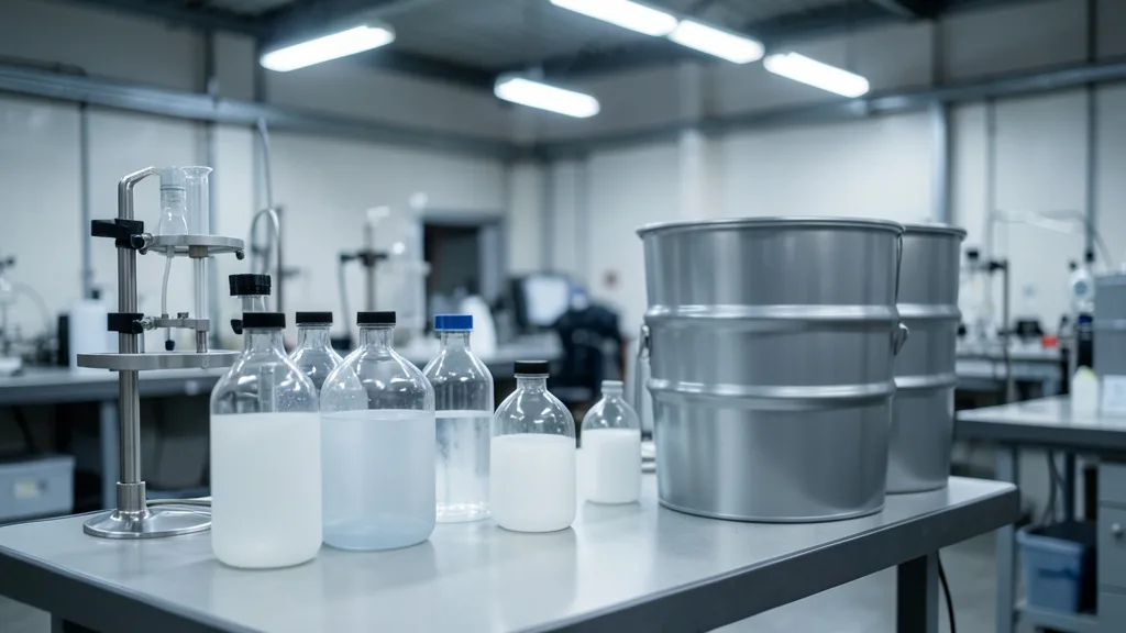 Imagem gerada por IA: Recipientes de produtos químicos e equipamentos em um ambiente industrial.
