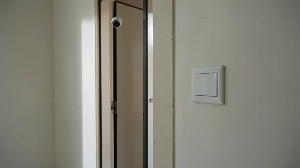 Imagem gerada por IA: Câmera instalada perto da entrada de um banheiro escolar, vista do corredor.