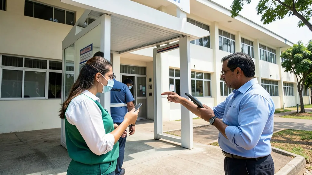 Imagem gerada por IA: Eleitor consulta o celular enquanto recebe orientação diante de um local de votação.