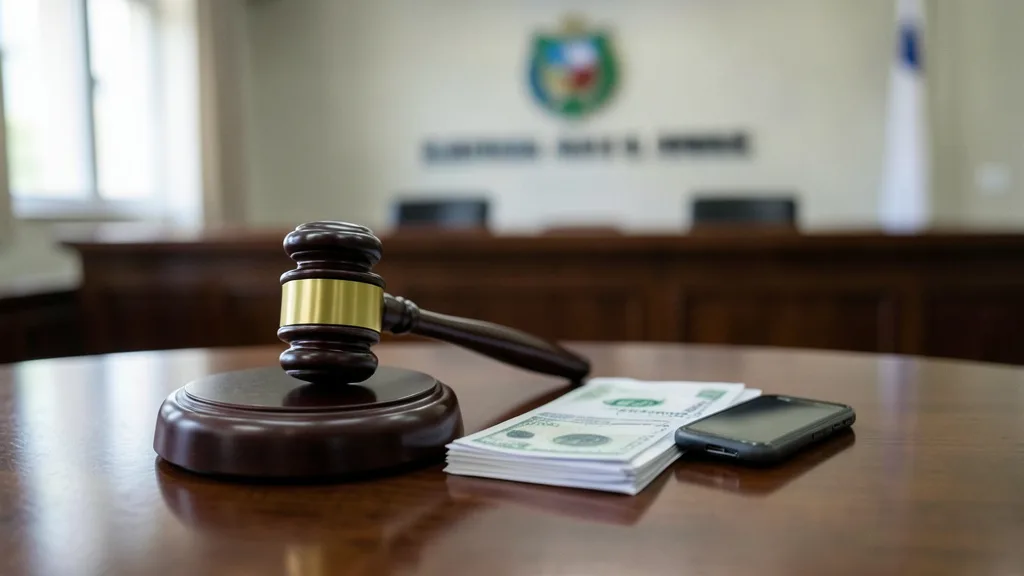 Imagem gerada por IA: Martelo judicial ao lado de pastas fechadas e um celular em uma sala de tribunal.
