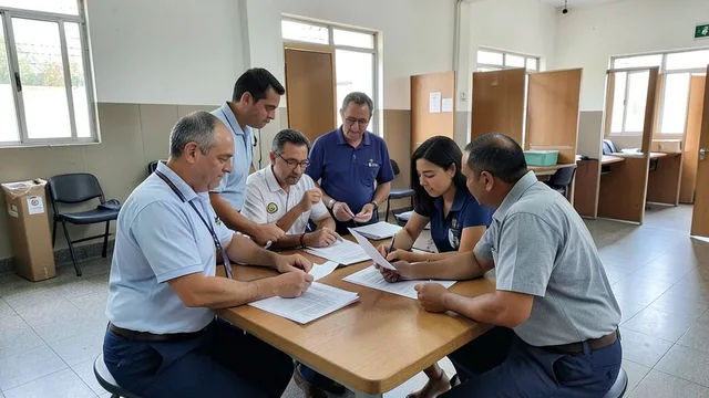Imagem gerada por IA: Agentes eleitorais conferem documentos em um local de votação.
