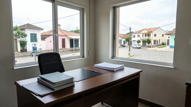 Imagem gerada por IA: Mesa vazia em um gabinete municipal, com pastas organizadas e vista para uma praça.