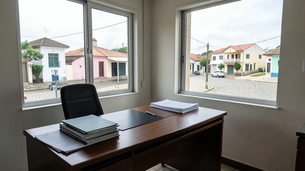 Imagem gerada por IA: Mesa vazia em um gabinete municipal, com pastas organizadas e vista para uma praça.