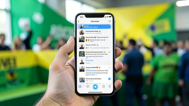 Imagem gerada por IA: Celular com um canal de mensagens em primeiro plano e cores da campanha eleitoral ao fundo.