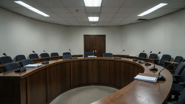 Plenário vazio de um tribunal, com microfones e documentos sobre a bancada.