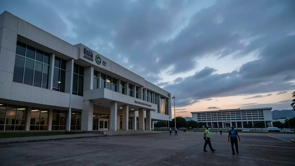 Prédios da Justiça Eleitoral e do Supremo em Brasília sob céu nublado, com pessoas caminhando pela praça.